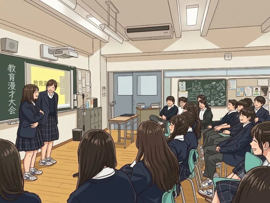 教室で行う教育漫才大会と、笑顔の子どもたち